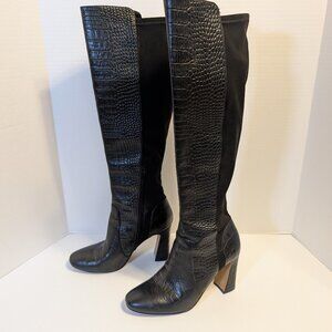 Vince Camuto Black Leather Knee High Boots Crocodile Embossed Size 7.5